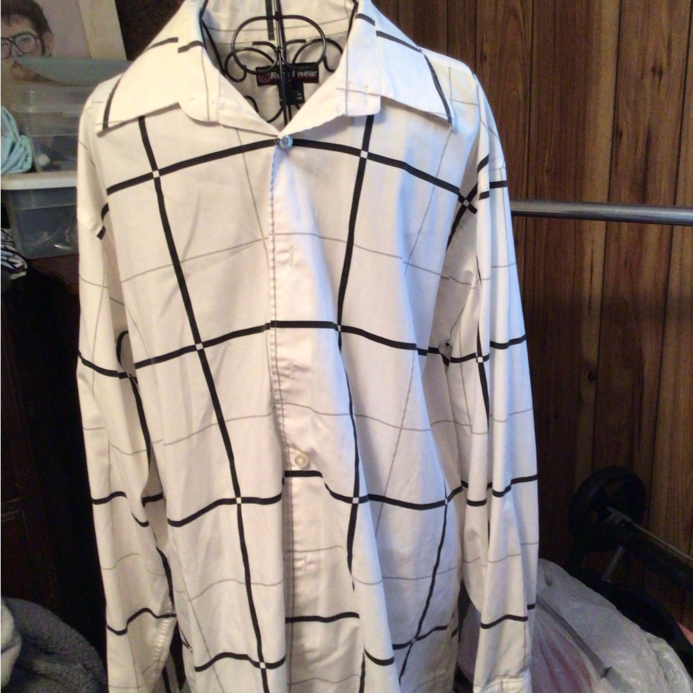 Men's White and Black Grid Dress Shirt